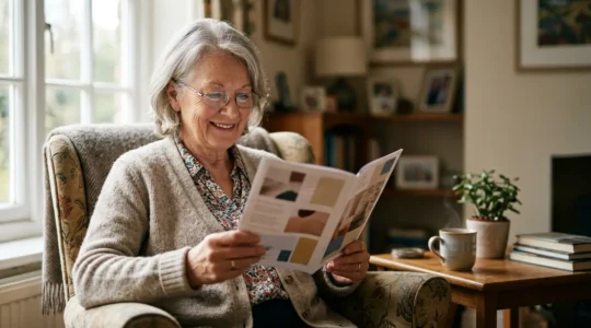 Personne âgée lisant attentivement un document papier de qualité dans un environnement lumineux