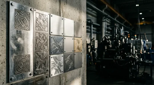 Plaque d'identification industrielle en inox marin 316L avec gravure laser et codes datamatrix dans un environnement technique