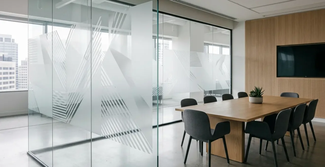 Salle de réunion moderne avec cloisons vitrées partiellement opacifiées laissant passer la lumière naturelle