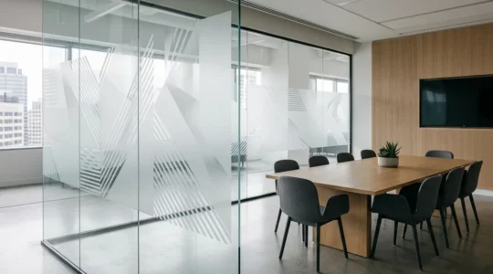 Salle de réunion moderne avec cloisons vitrées partiellement opacifiées laissant passer la lumière naturelle