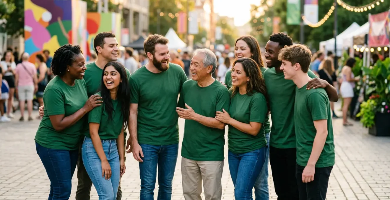 Groupe de personnes portant des t-shirts de marque identiques, rassemblées dans une atmosphère conviviale