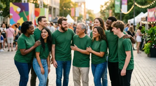 Groupe de personnes portant des t-shirts de marque identiques, rassemblées dans une atmosphère conviviale
