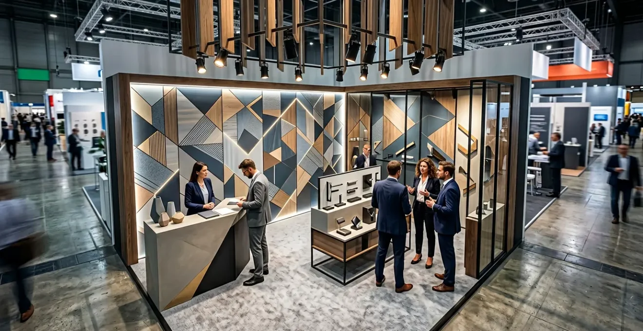 Vue grand angle d'un stand de salon professionnel de 9m² moderne avec un design épuré et une organisation stratégique de l'espace