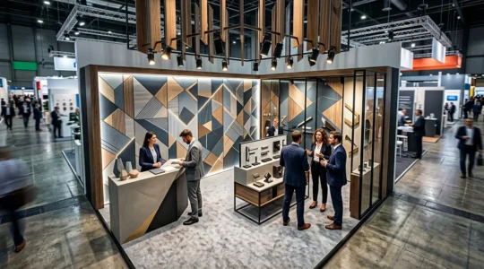 Vue grand angle d'un stand de salon professionnel de 9m² moderne avec un design épuré et une organisation stratégique de l'espace