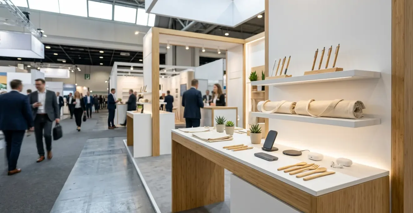 Stand de salon professionnel moderne avec présentation élégante d'objets publicitaires variés dans un espace lumineux