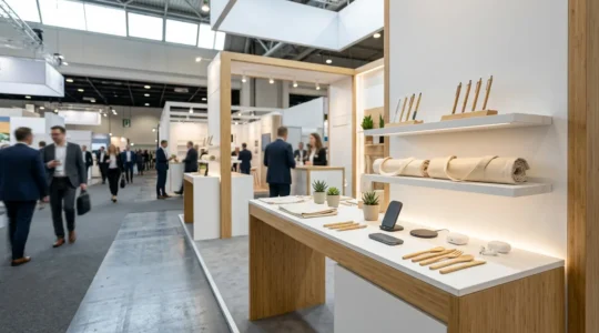 Stand de salon professionnel moderne avec présentation élégante d'objets publicitaires variés dans un espace lumineux