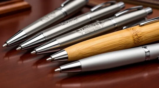 Vue macro d'une collection de stylos publicitaires premium disposés en éventail sur un bureau professionnel