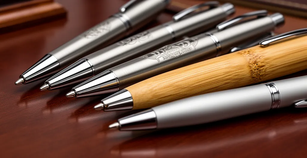 Vue macro d'une collection de stylos publicitaires premium disposés en éventail sur un bureau professionnel