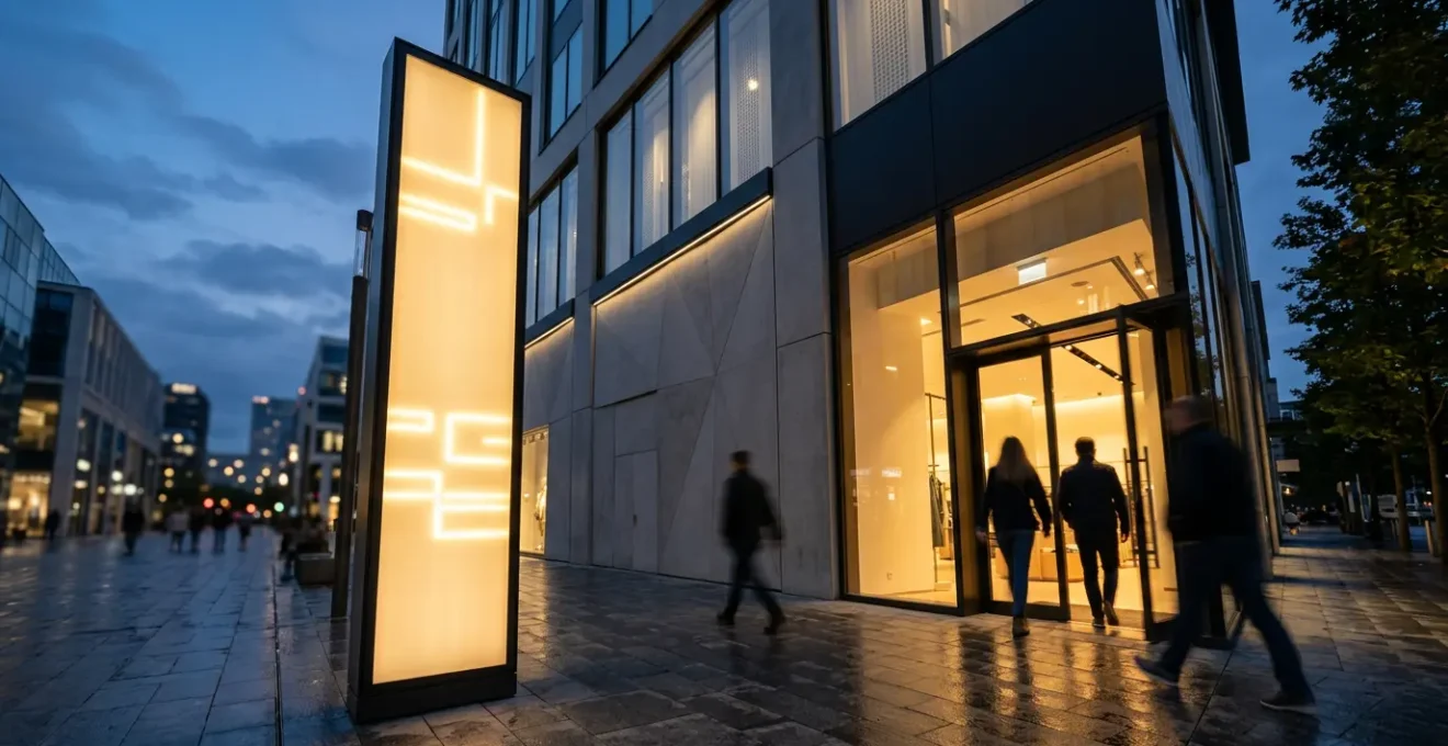 Totem publicitaire lumineux à l'entrée d'un magasin avec clients attirés