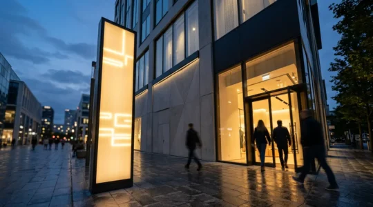 Totem publicitaire lumineux à l'entrée d'un magasin avec clients attirés