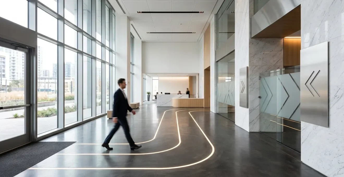 Vue d'ensemble d'un hall d'entreprise lumineux avec système de signalétique moderne et visiteur suivant naturellement le guidage visuel