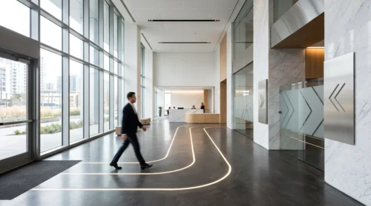 Vue d'ensemble d'un hall d'entreprise lumineux avec système de signalétique moderne et visiteur suivant naturellement le guidage visuel
