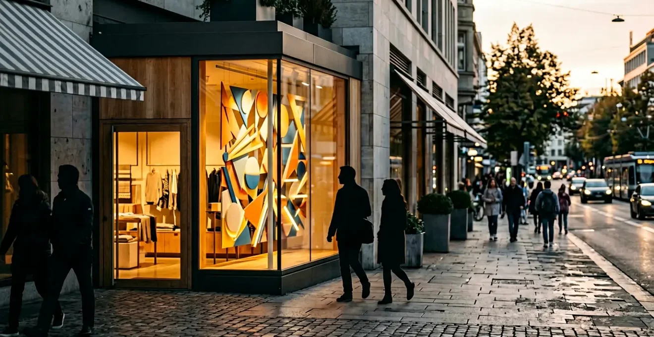 Vitrine de boutique moderne avec vitrophanie colorée annonçant des soldes, vue depuis la rue passante