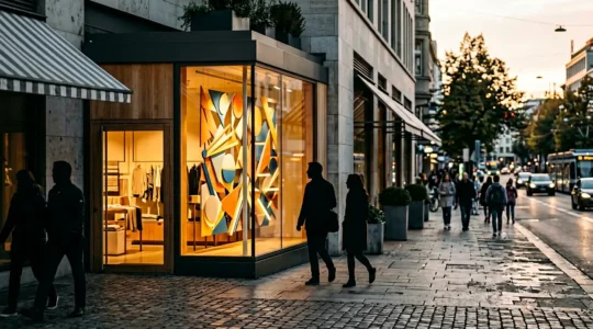 Vitrine de boutique moderne avec vitrophanie colorée annonçant des soldes, vue depuis la rue passante