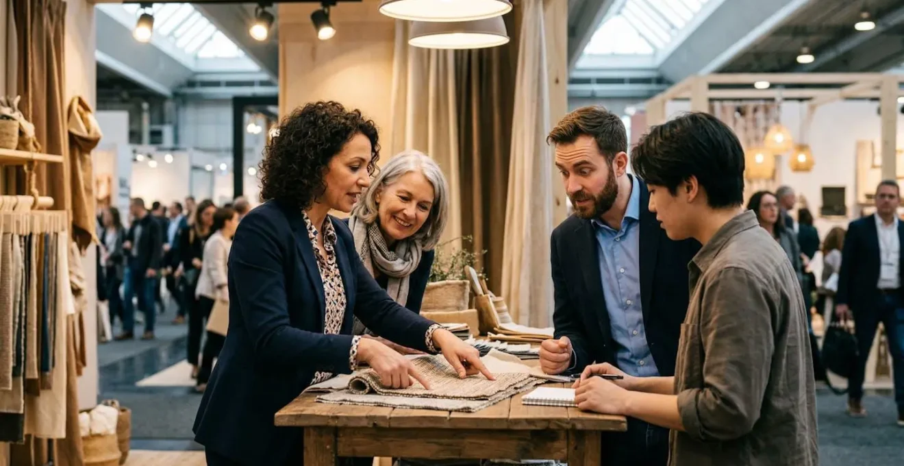 Vue d'ensemble d'un stand animé lors d'un salon professionnel avec visiteurs engagés dans une démonstration interactive