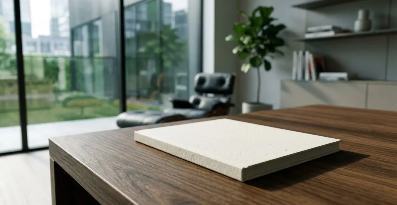 Brochure haut de gamme posée sur un bureau en bois noble dans un environnement professionnel épuré