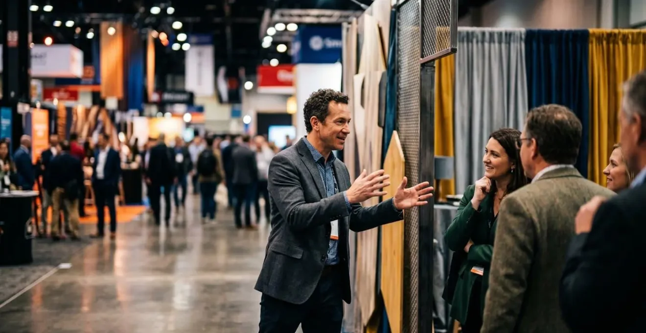 Commercial debout en interaction dynamique avec des visiteurs dans l'allée d'un salon