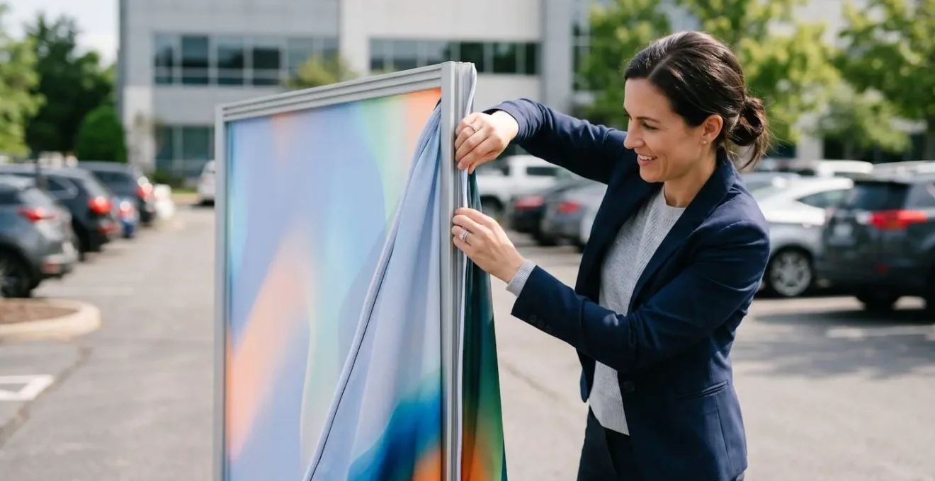 Commercial remplaçant rapidement la housse tissu d'un totem dans un parking d'entreprise