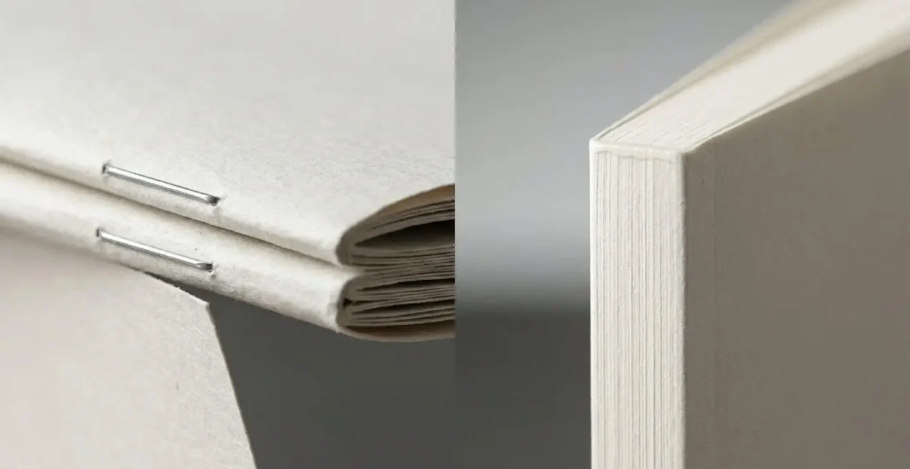 Deux brochures côte à côte montrant la différence entre reliure agrafée et dos carré collé