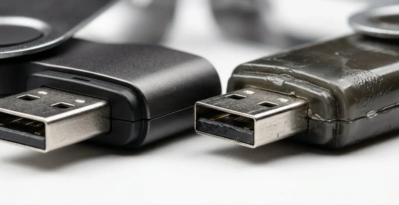 Gros plan sur deux objets électroniques promotionnels montrant les différences de qualité et marquages de conformité