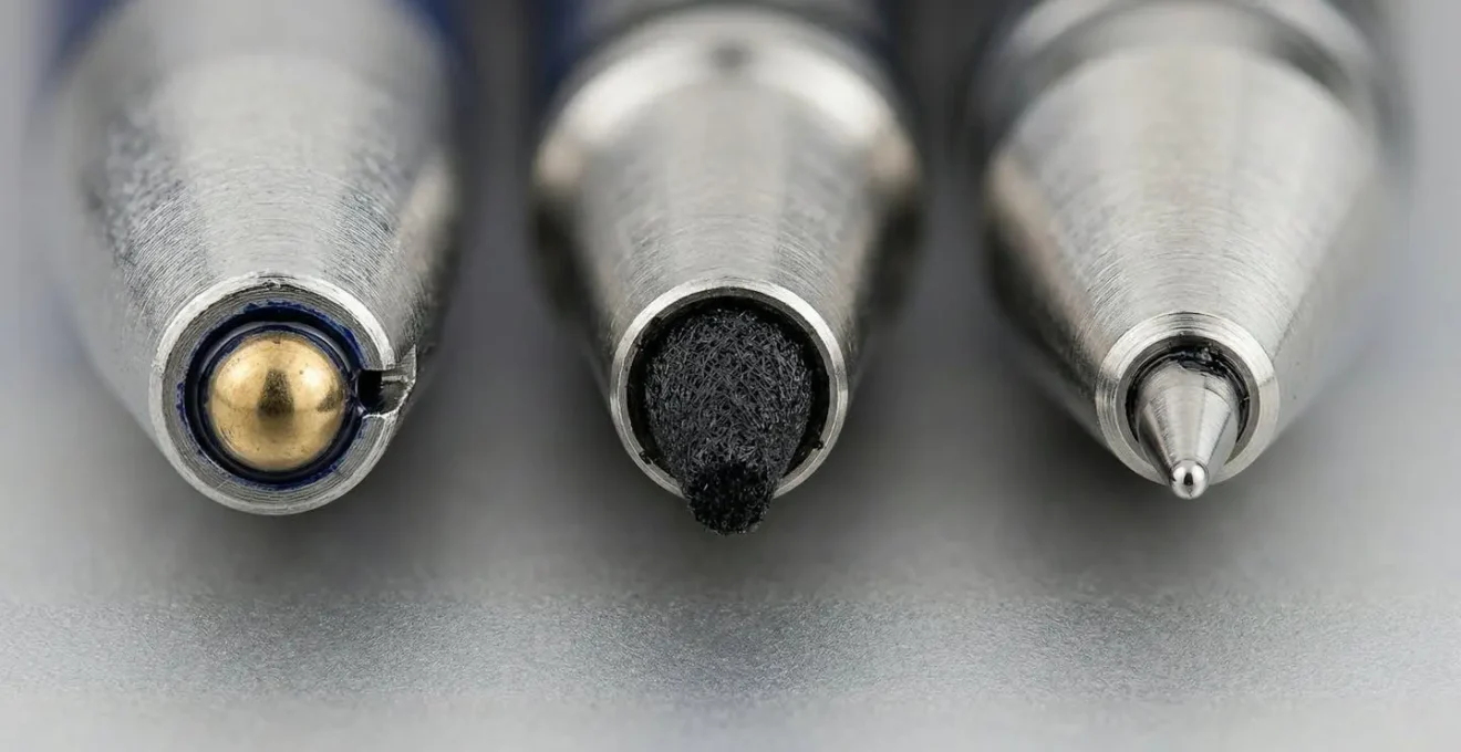 Gros plan sur trois pointes de stylos différentes montrant les mécanismes bille, roller et gel