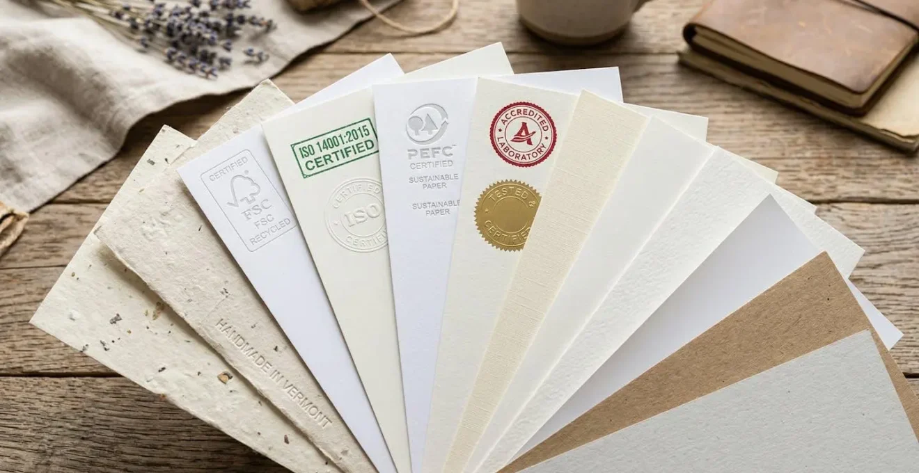 Échantillons de papiers certifiés et standards disposés en éventail sur surface naturelle