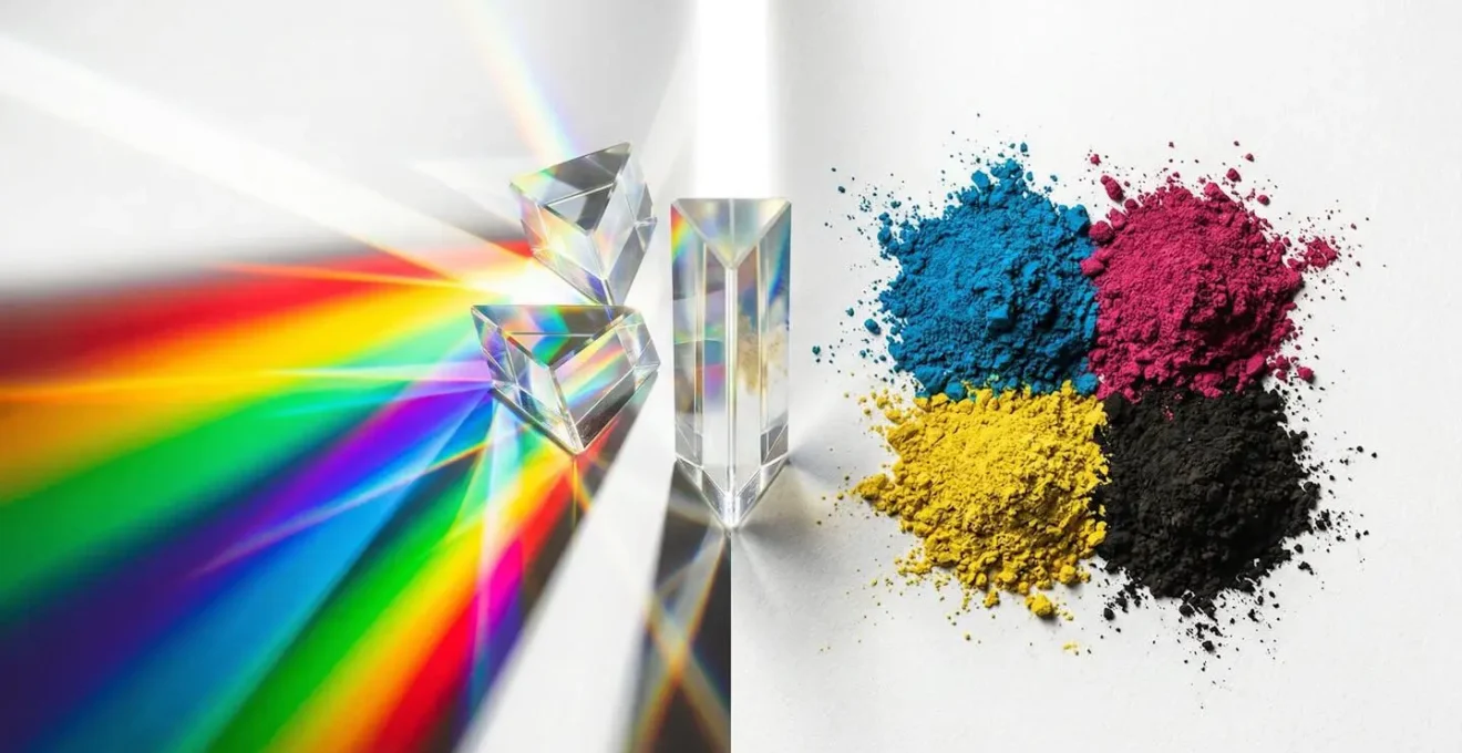 Comparaison visuelle entre l'espace colorimétrique RVB lumineux et CMJN plus terne avec échantillons de couleurs