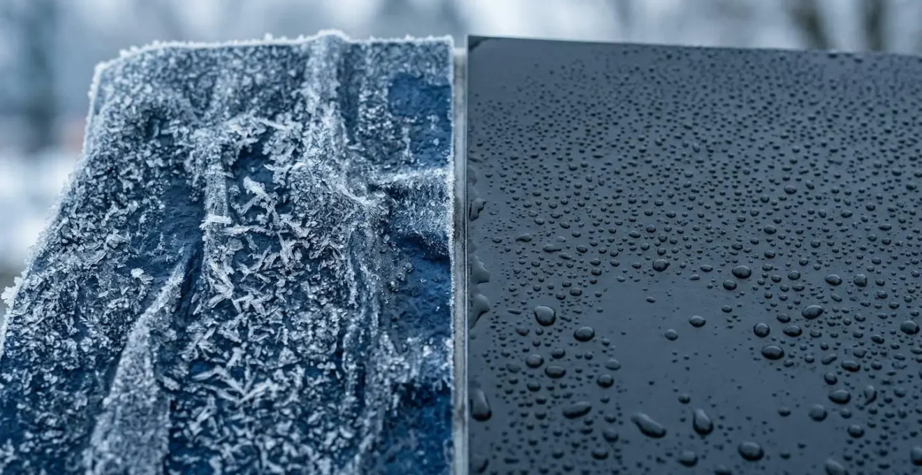 Gros plan comparatif montrant la texture et la résistance de deux supports d'affichage sous conditions hivernales