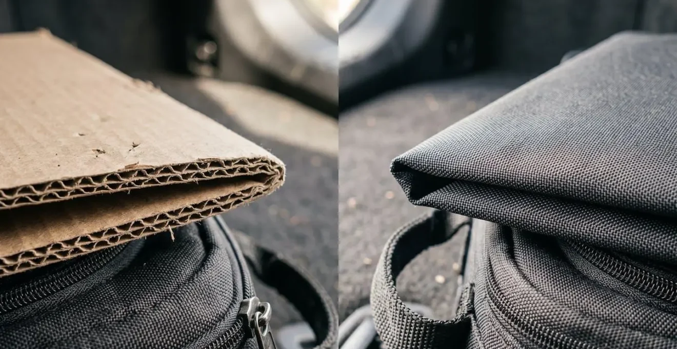 Vue comparative de deux totems PLV pliés dans un coffre de voiture avec leurs sacs de transport
