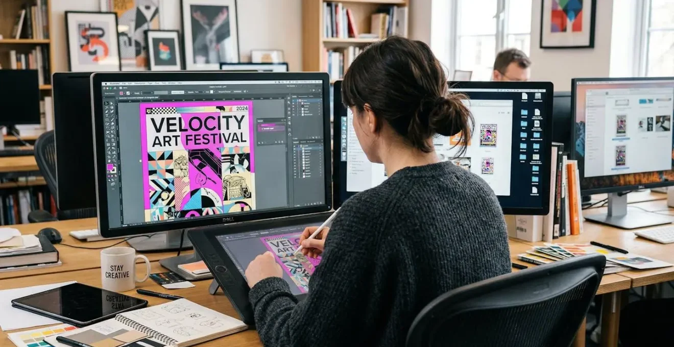 Vue arrière d'un designer travaillant sur un calque de vernis sélectif, écran d'ordinateur visible de dos