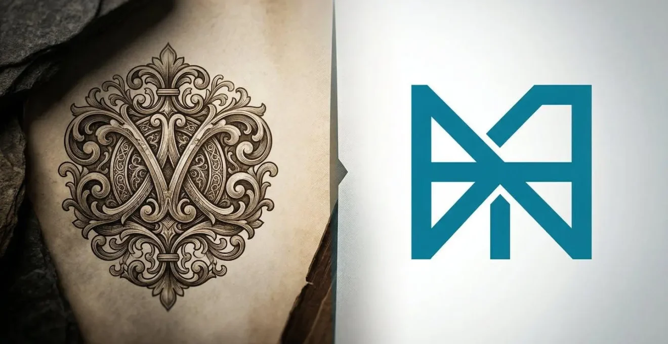 Comparaison visuelle entre un logo traditionnel complexe et sa version moderne épurée