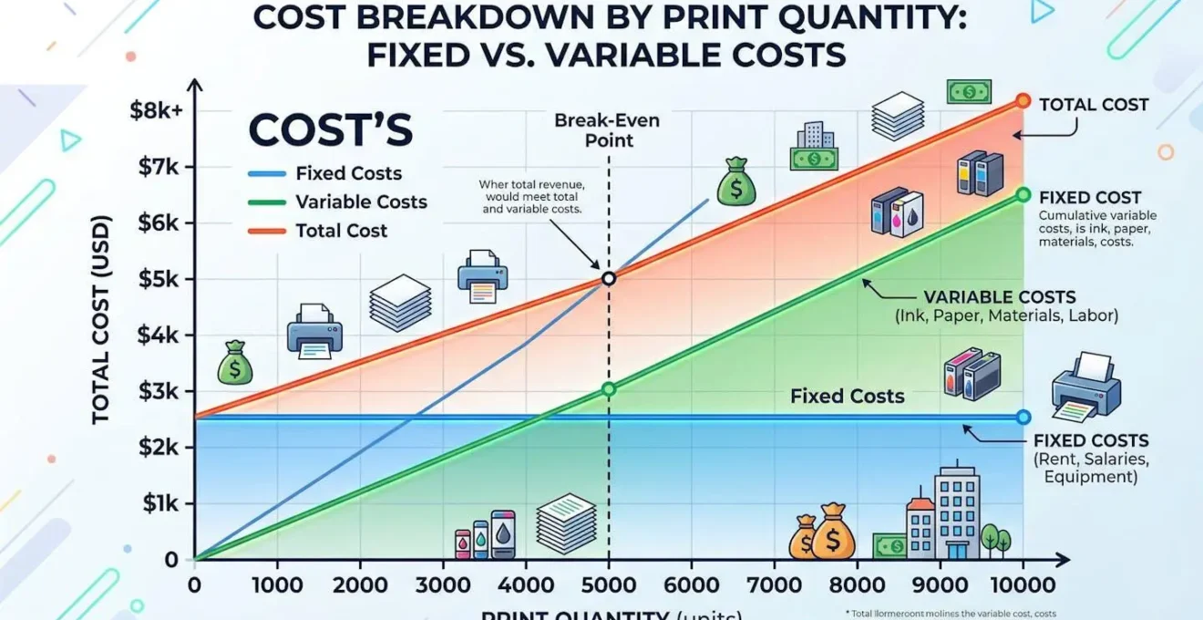 Graphique montrant la décomposition des coûts fixes et variables selon les quantités d'impression