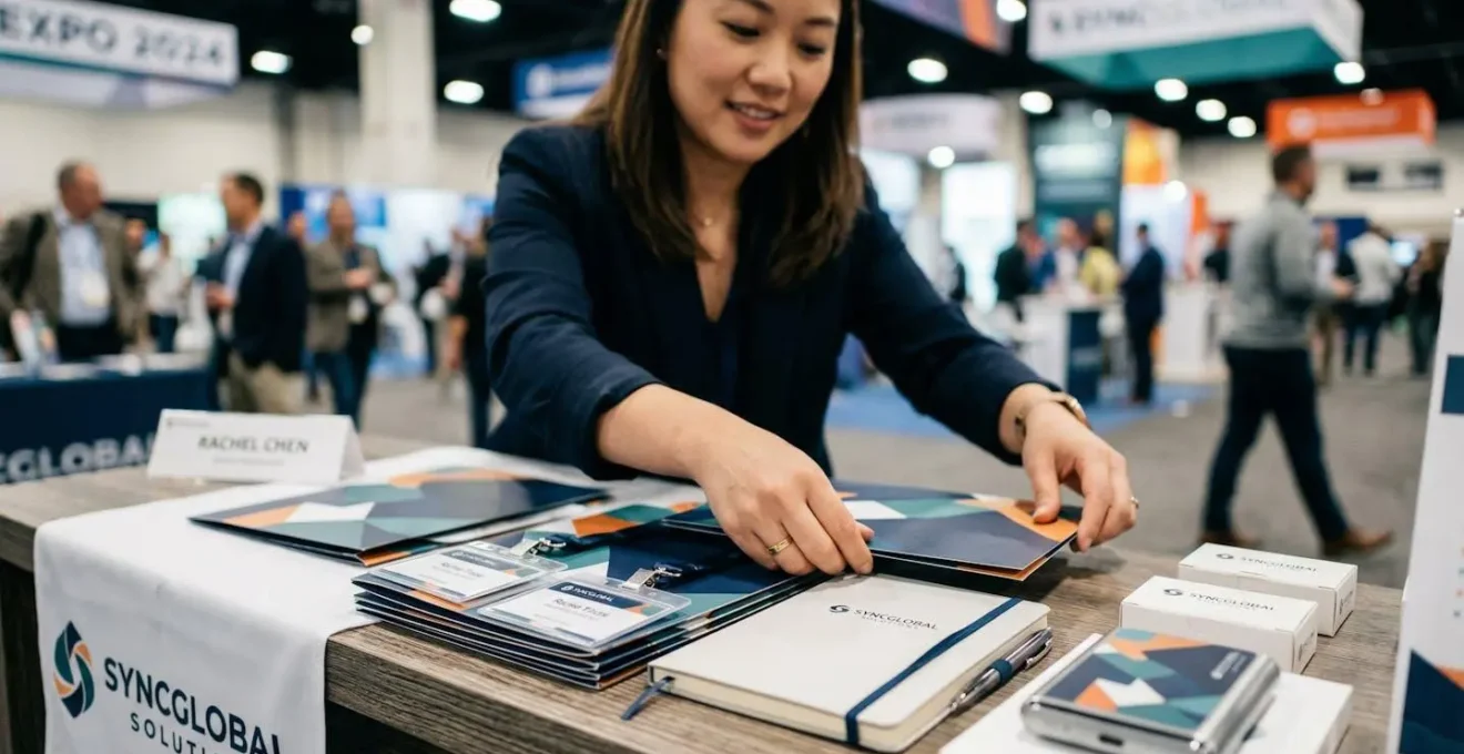 Ensemble de supports commerciaux coordonnés disposés sur une table de salon professionnel