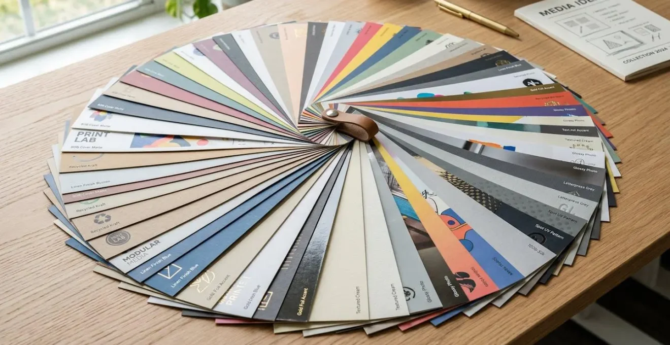 Arrangement créatif de différents supports d'impression modulaires disposés en éventail sur une surface épurée