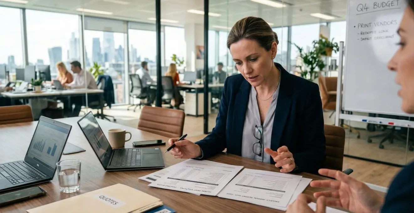 Manager examinant des documents de devis d'impression dans un bureau moderne