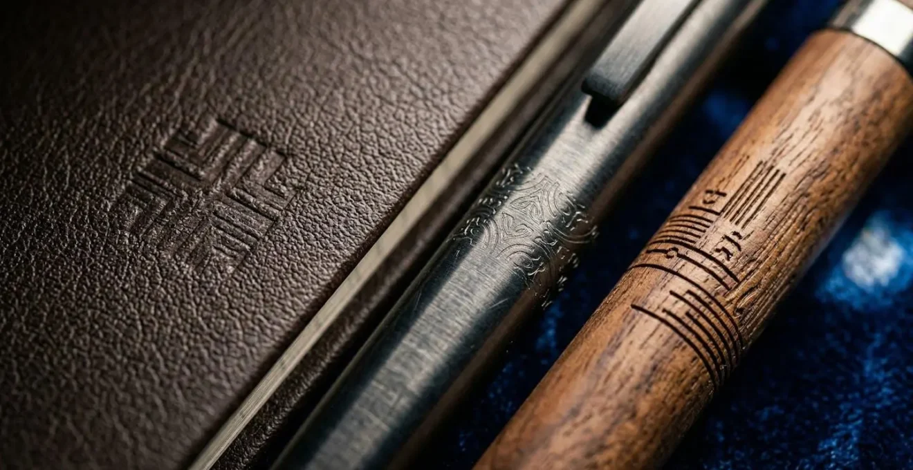 Détail macro d'un marquage subtil sur un stylo de luxe en métal