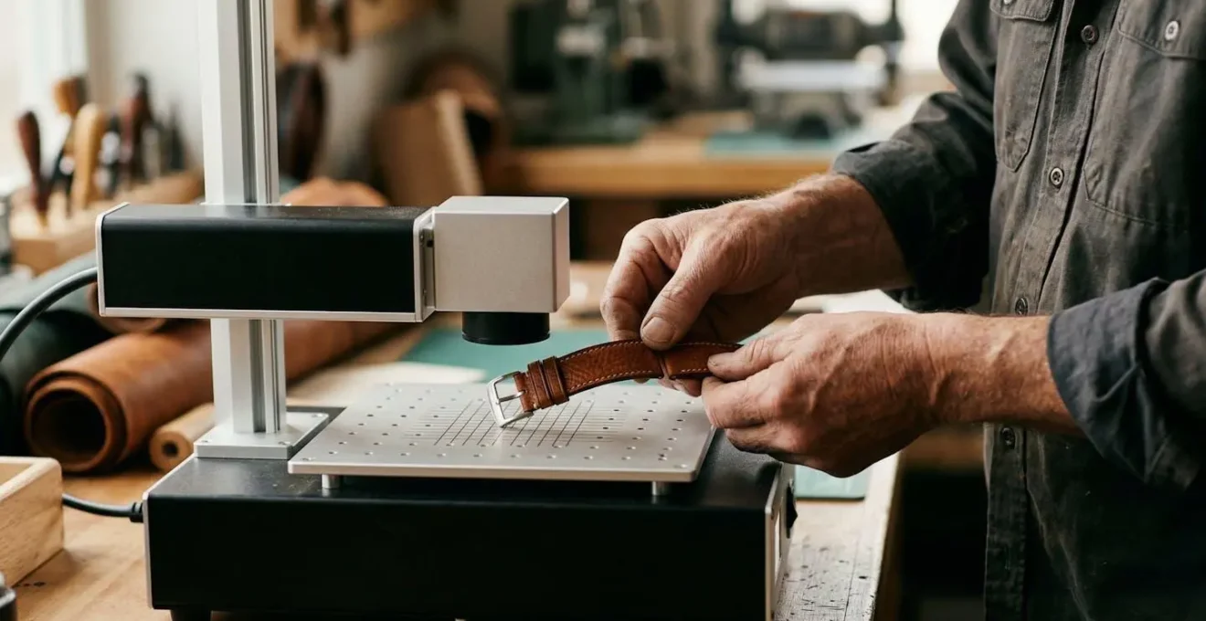 Station de gravure laser automatisée personnalisant un bracelet de montre en cuir