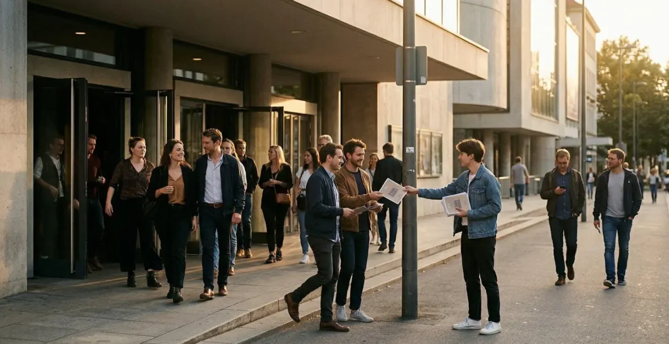 Distribution de flyers à la sortie d'un cinéma avec public détendu et réceptif