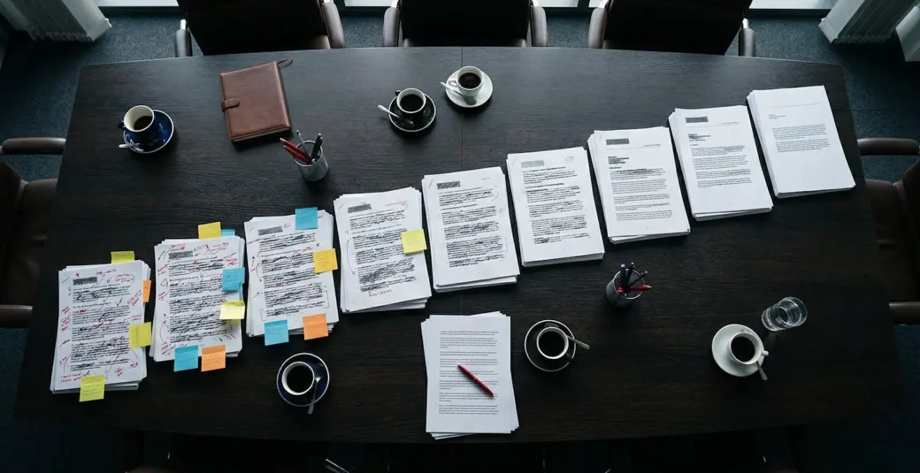 Vue aérienne d'une table de réunion avec documents de validation éparpillés