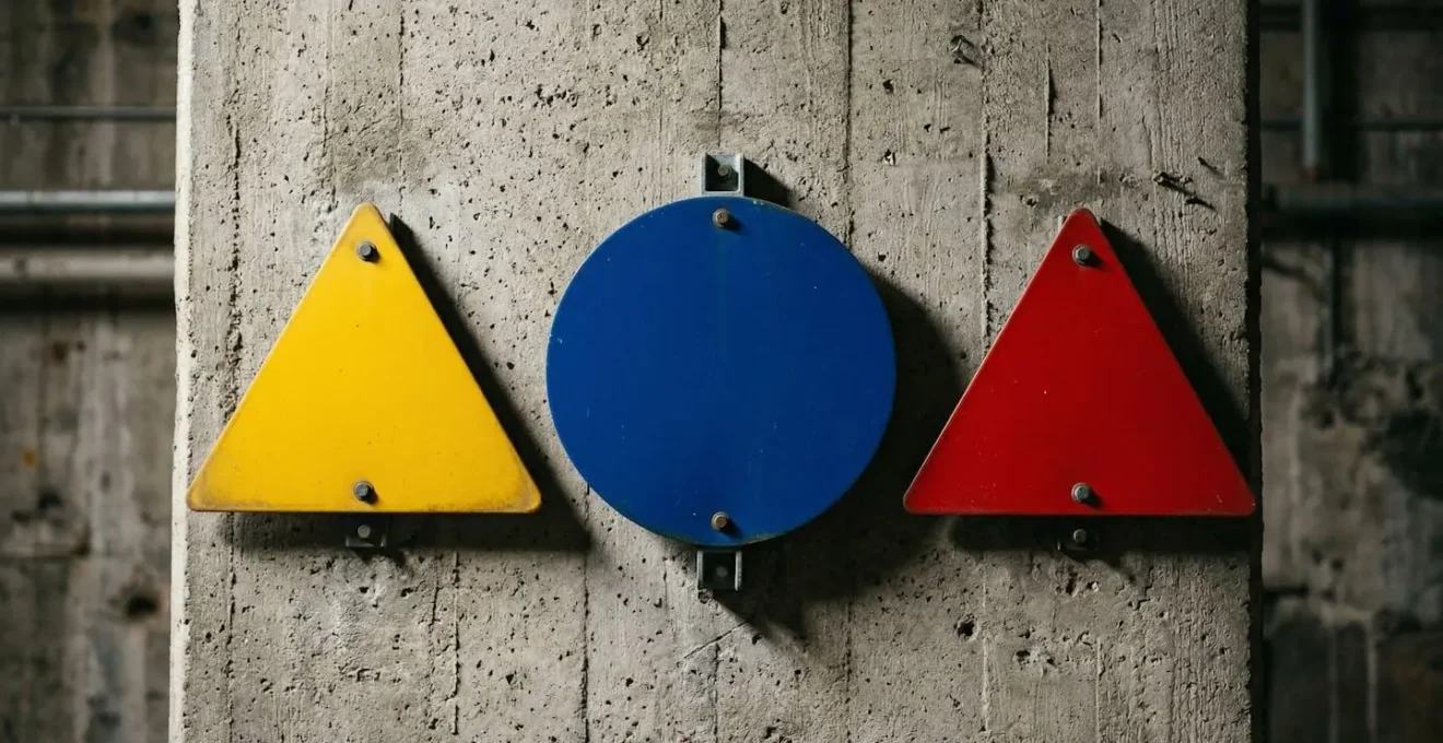 Mur industriel avec trois panneaux de sécurité triangulaires et circulaires disposés en séquence