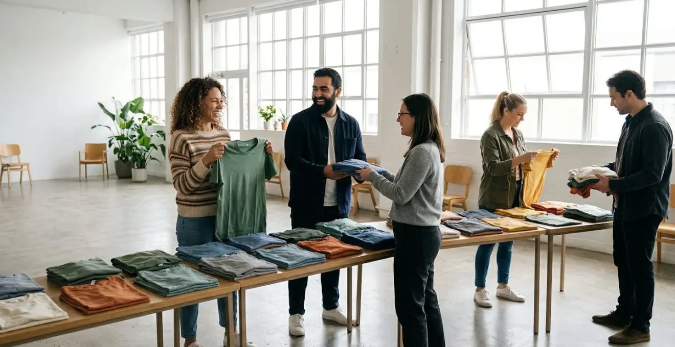 Moment convivial d'échange de t-shirts entre membres d'une équipe pour trouver la bonne taille.