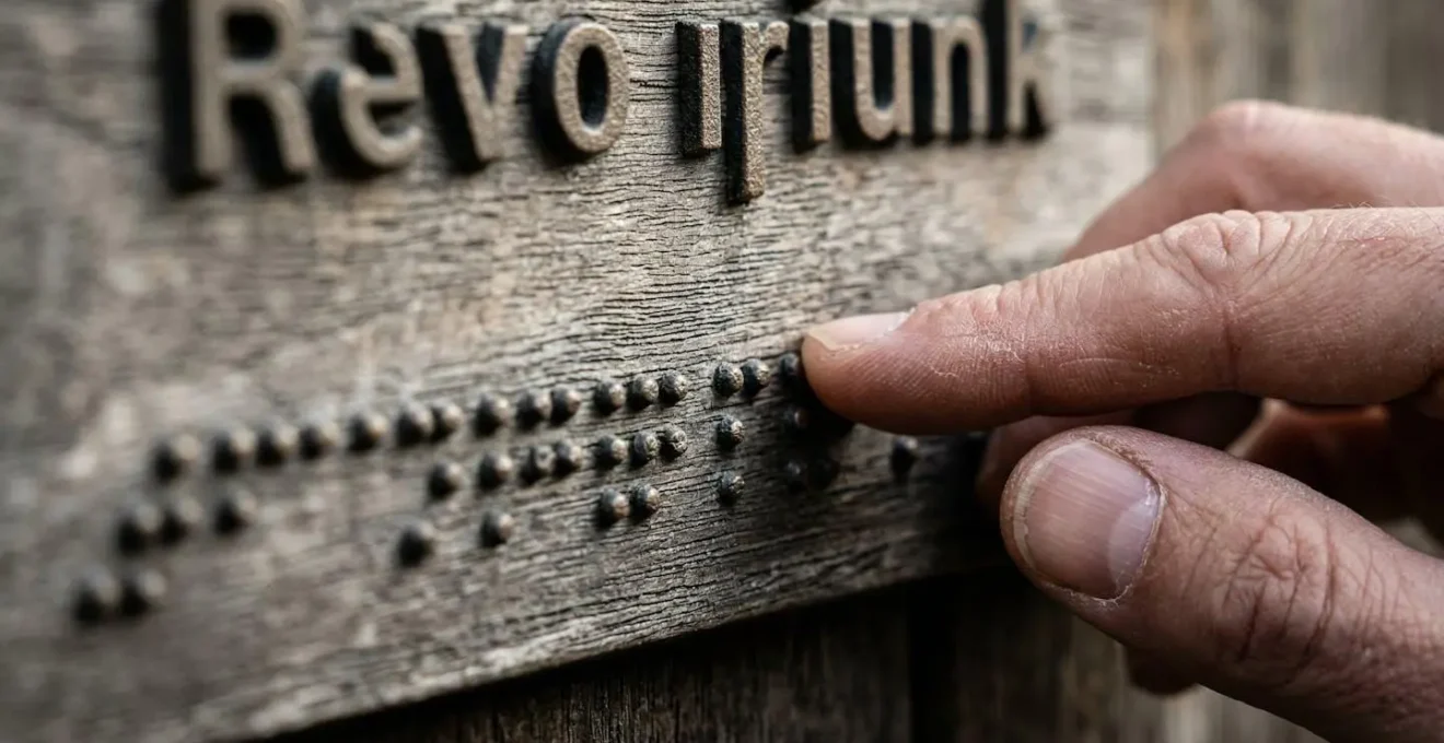 Gros plan sur une plaque de porte avec inscription en relief et braille, main explorant tactilement la surface