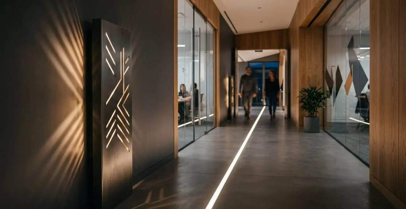 Couloir de bureau moderne avec signalétique élégante intégrée dans l'architecture, lignes lumineuses au sol guidant naturellement