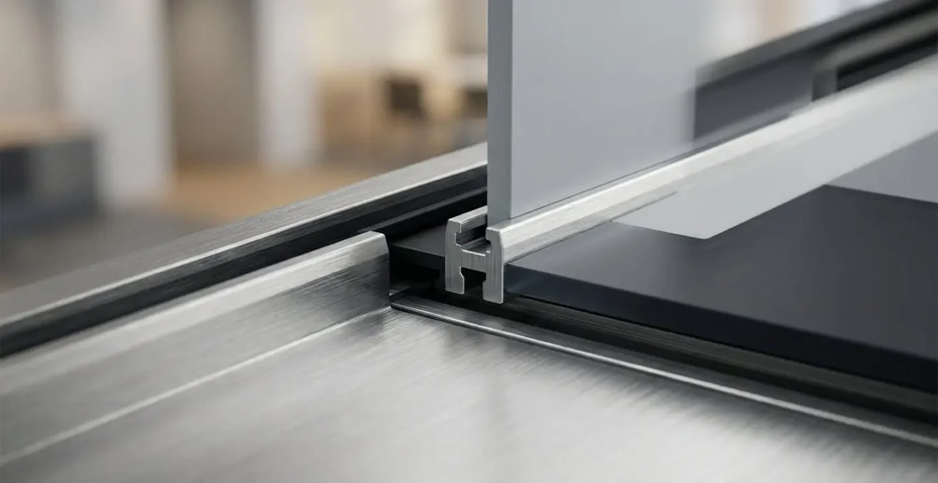 Gros plan sur un système de plaques de bureau modulaires avec inserts magnétiques interchangeables en aluminium brossé