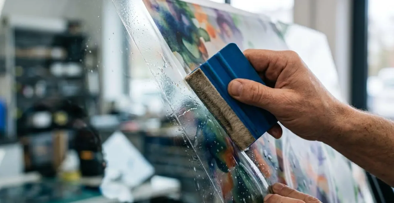 Mains expertes appliquant un adhésif sur vitre avec raclette professionnelle, technique de pose visible