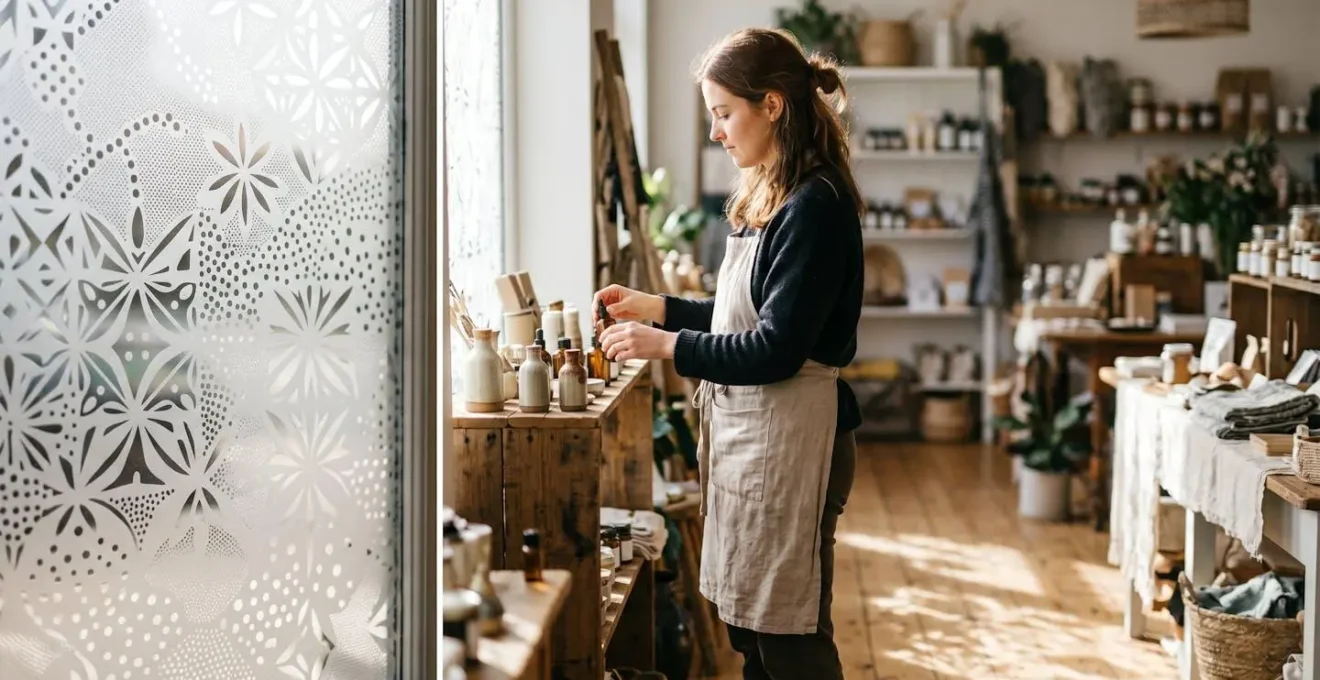 Vue intérieure d'une boutique lumineuse avec vitrophanie micro-perforée laissant passer la lumière naturelle