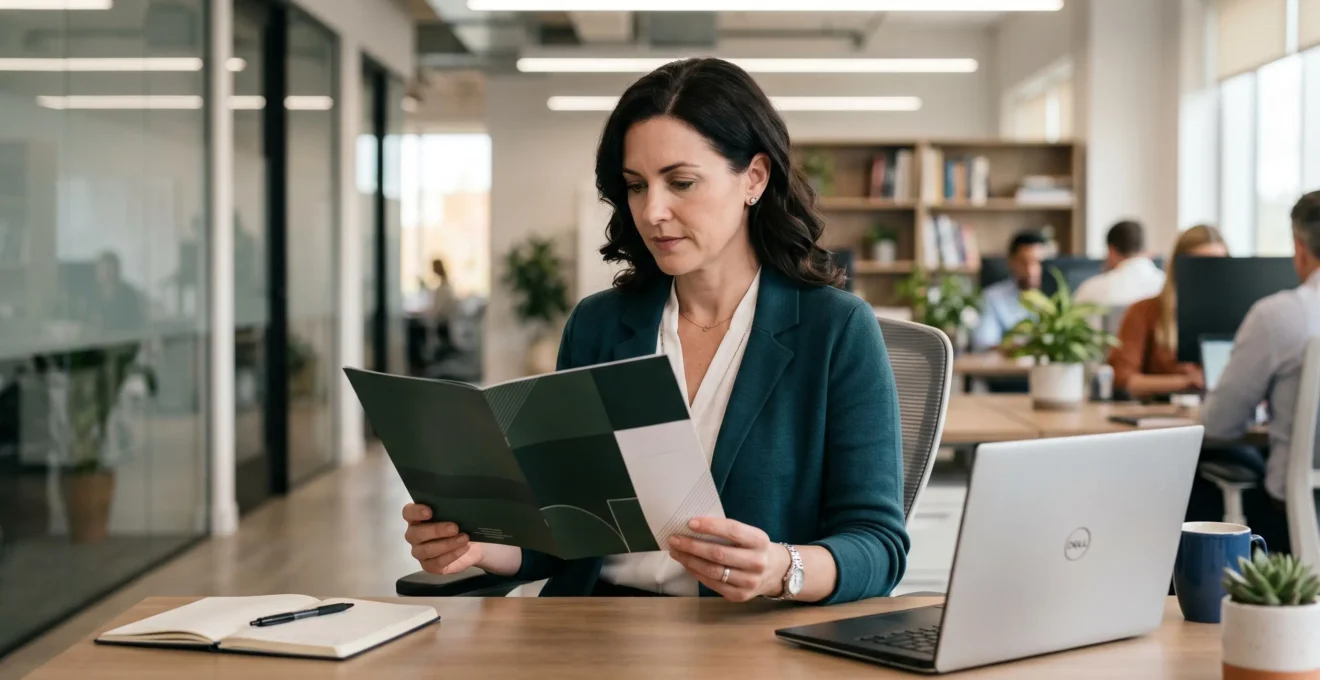 Responsable communication lisant une brochure pelliculée mat sur un bureau, sans reflets visibles sous l'éclairage LED
